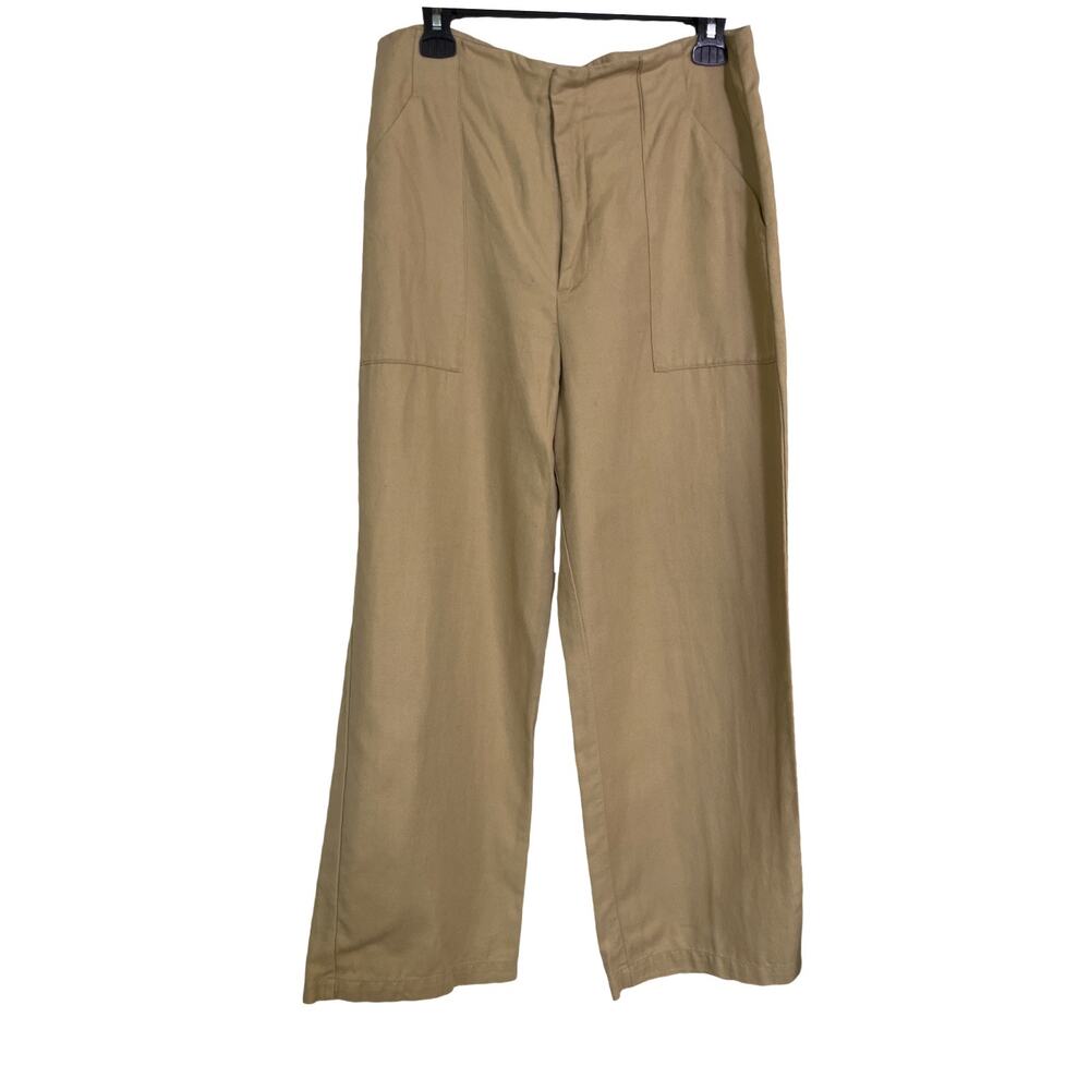 Zara Women’s Cotton Linen Wide Leg Trousers Khaki Tan Size Large High Rise